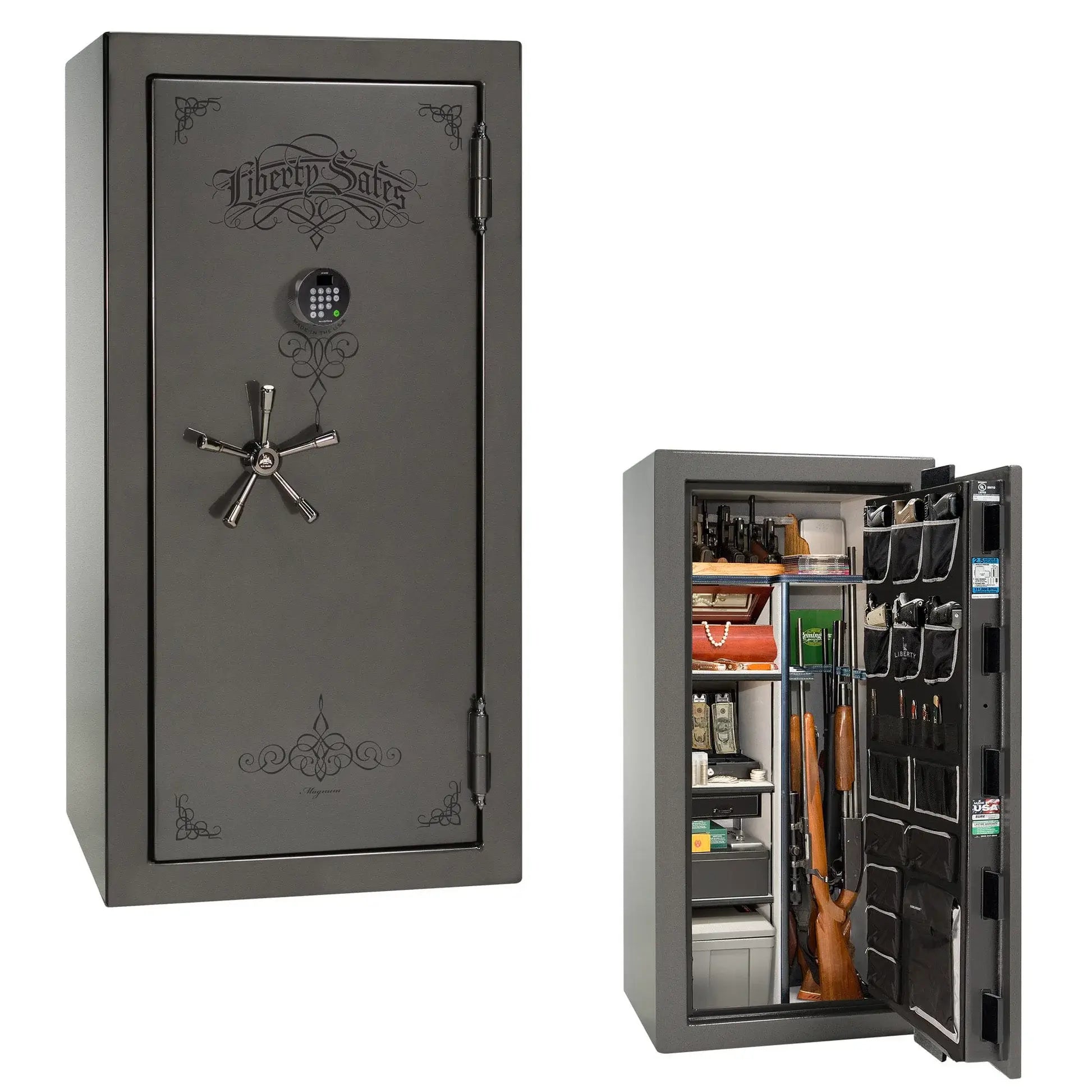 Liberty Magnum 25 gun safe in Gray marble finish with black chrome hardware and premium interior.