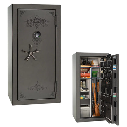 Liberty Magnum 25 gun safe in Gray marble finish with black chrome hardware and premium interior.