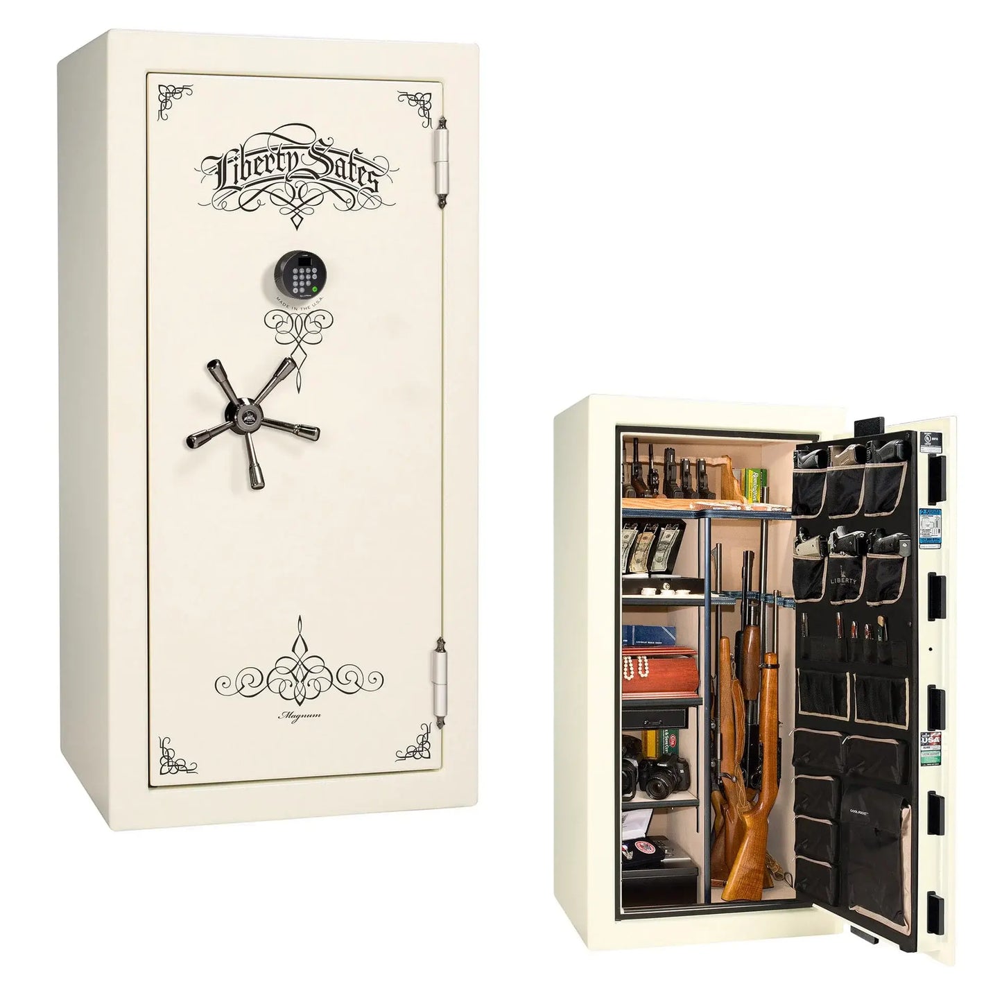 Liberty Magnum 25 gun safe in White marble finish with black chrome hardware and premium interior.