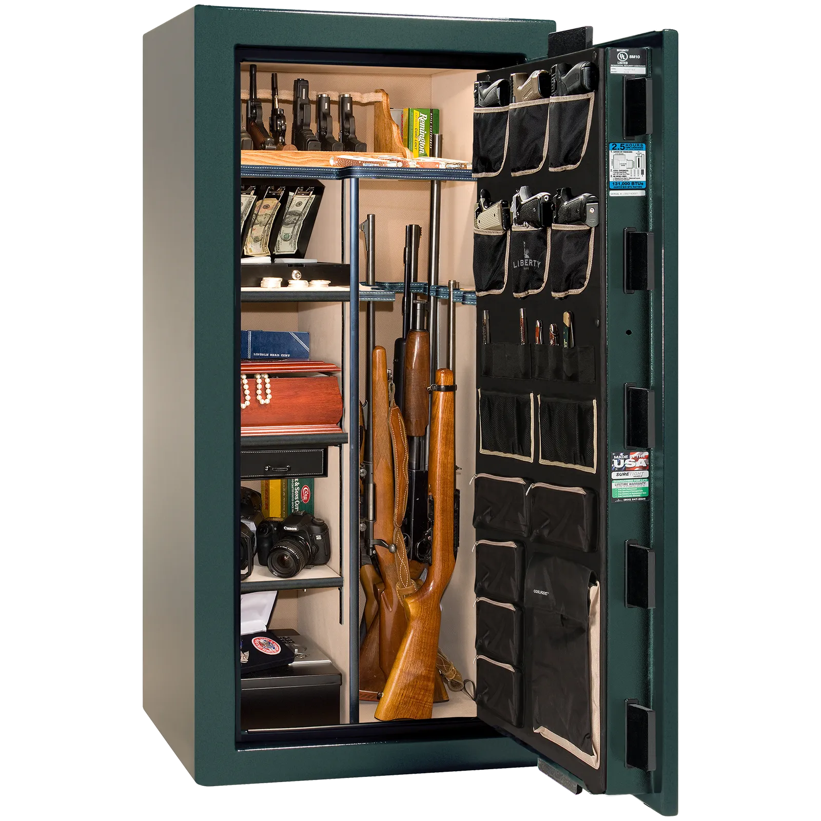 Premium interior of the Liberty Magnum 25 gun safe paired with the Green marble finish, featuring adjustable shelving, door organizer, long gun storage, and deluxe interior configuration.