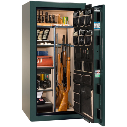 Premium interior of the Liberty Magnum 25 gun safe paired with the Green marble finish, featuring adjustable shelving, door organizer, long gun storage, and deluxe interior configuration.