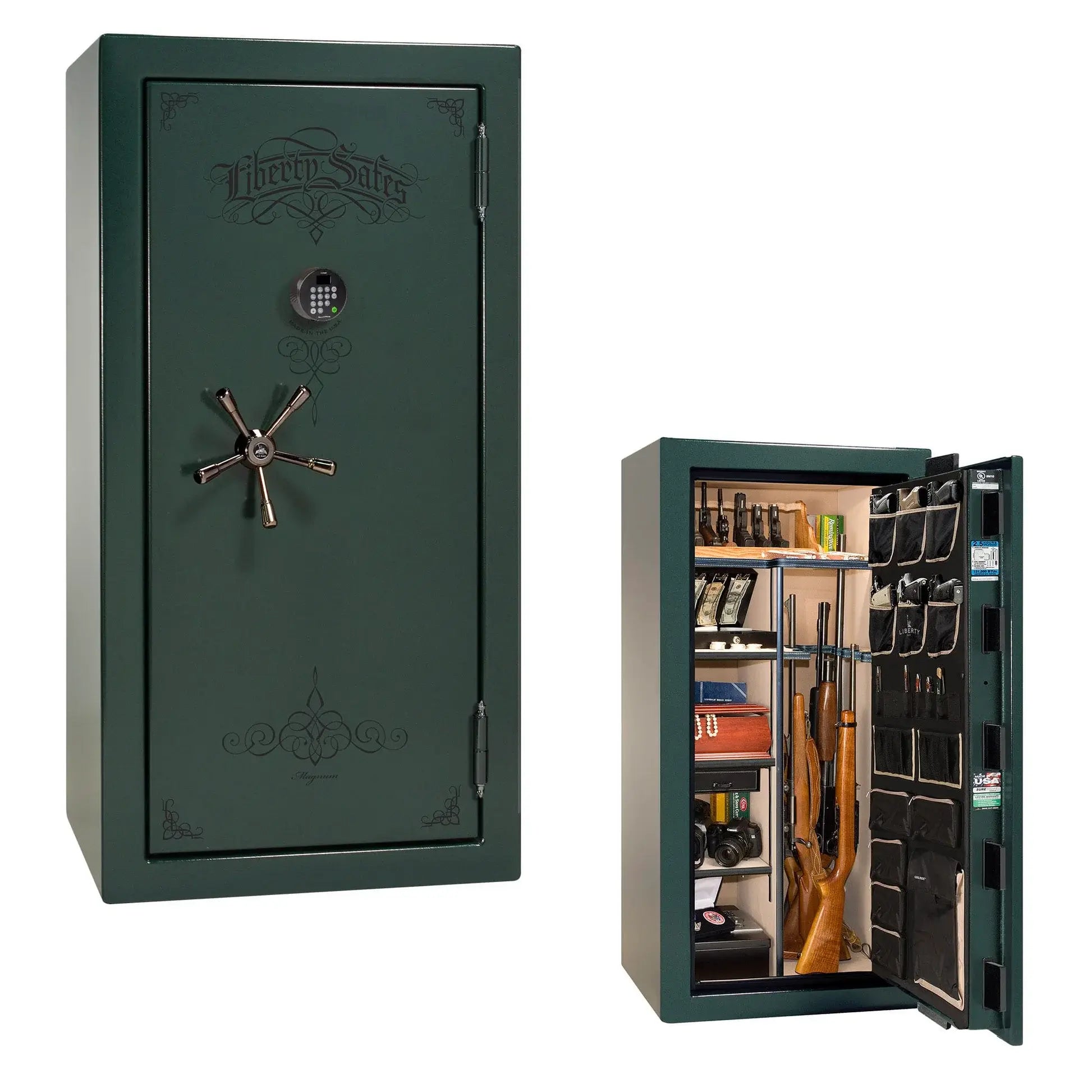 Liberty Magnum 25 gun safe in Green marble finish with black chrome hardware and premium interior.