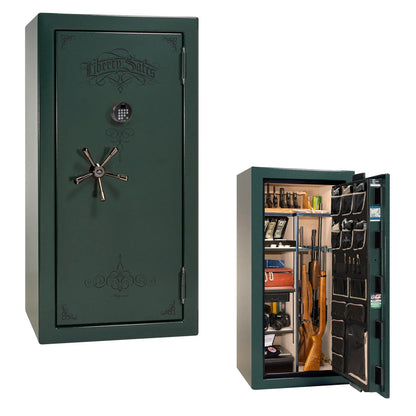 Liberty Magnum 25 gun safe in Green marble finish with black chrome hardware and premium interior.