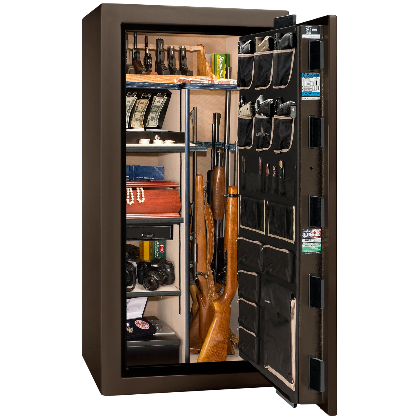 Premium interior of the Liberty Magnum 25 gun safe paired with the Bronze gloss finish, featuring adjustable shelving, door organizer, long gun storage, and deluxe interior configuration.