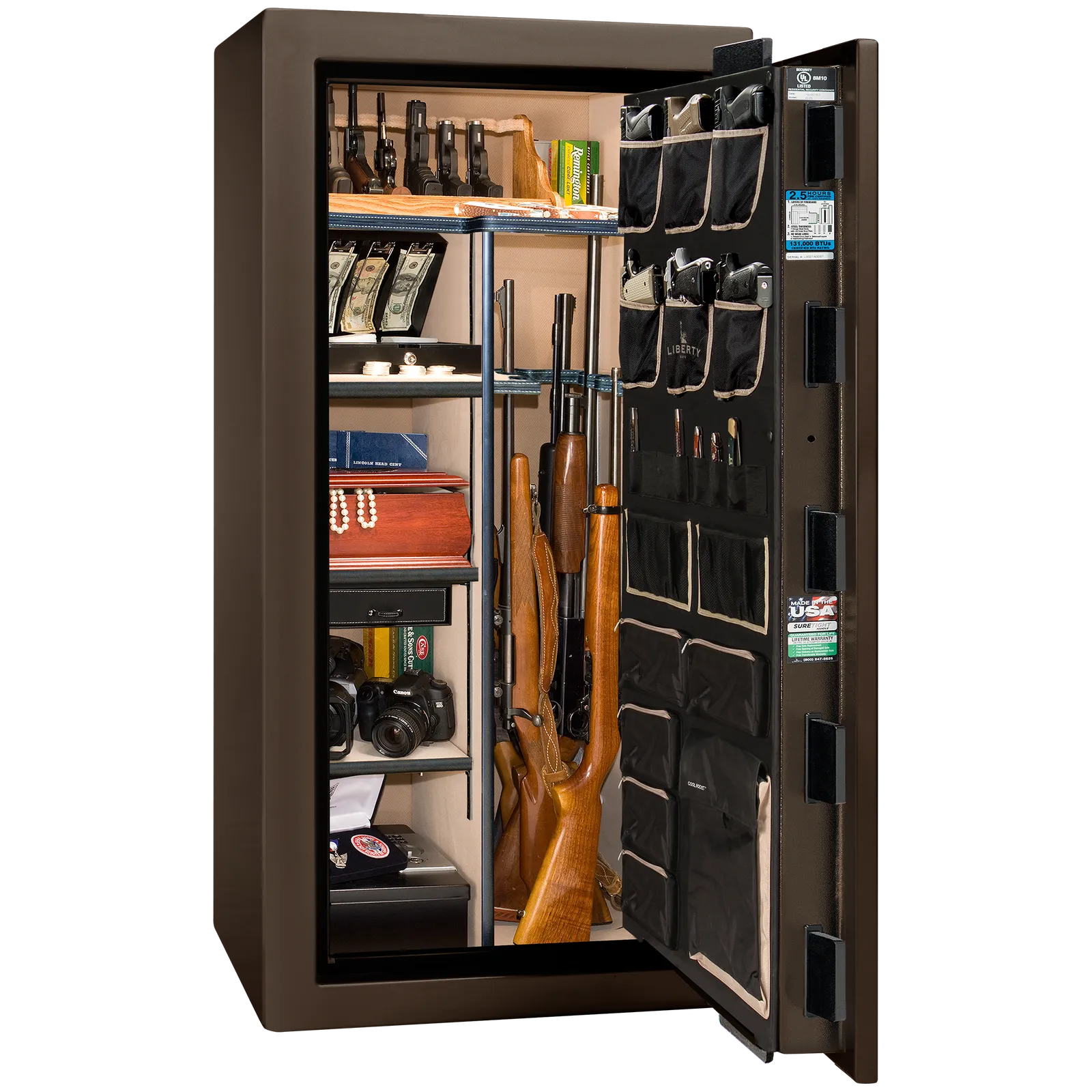 Premium interior of the Liberty Magnum 25 gun safe paired with the Bronze gloss finish, featuring adjustable shelving, door organizer, long gun storage, and deluxe interior configuration.