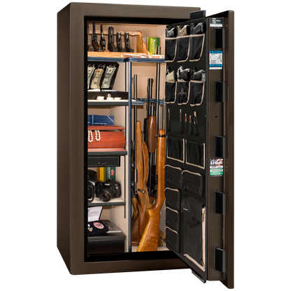 Premium interior of the Liberty Magnum 25 gun safe paired with the Bronze gloss finish, featuring adjustable shelving, door organizer, long gun storage, and deluxe interior configuration.
