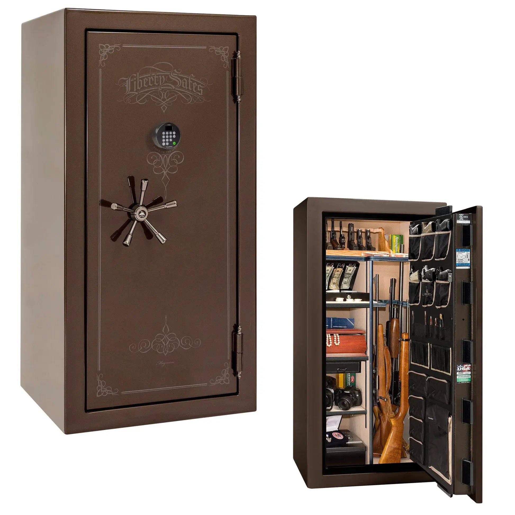 Liberty Magnum 25 gun safe in Bronze gloss finish with black chrome hardware and premium interior.