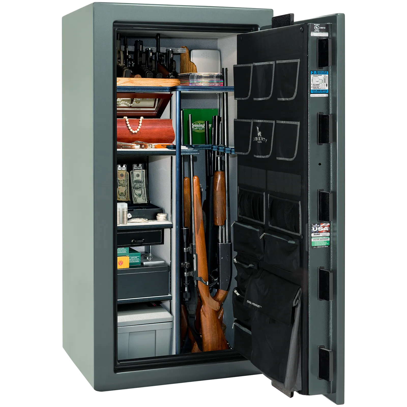 Premium interior of the Liberty Magnum 25 gun safe paired with the Forest Mist gloss finish, featuring adjustable shelving, door organizer, long gun storage, and deluxe interior configuration.