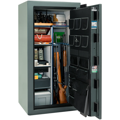 Premium interior of the Liberty Magnum 25 gun safe paired with the Forest Mist gloss finish, featuring adjustable shelving, door organizer, long gun storage, and deluxe interior configuration.