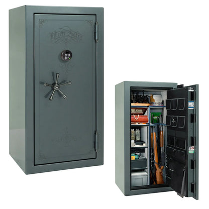 Liberty Magnum 25 gun safe in Forest Mist gloss finish with black chrome hardware and premium interior.