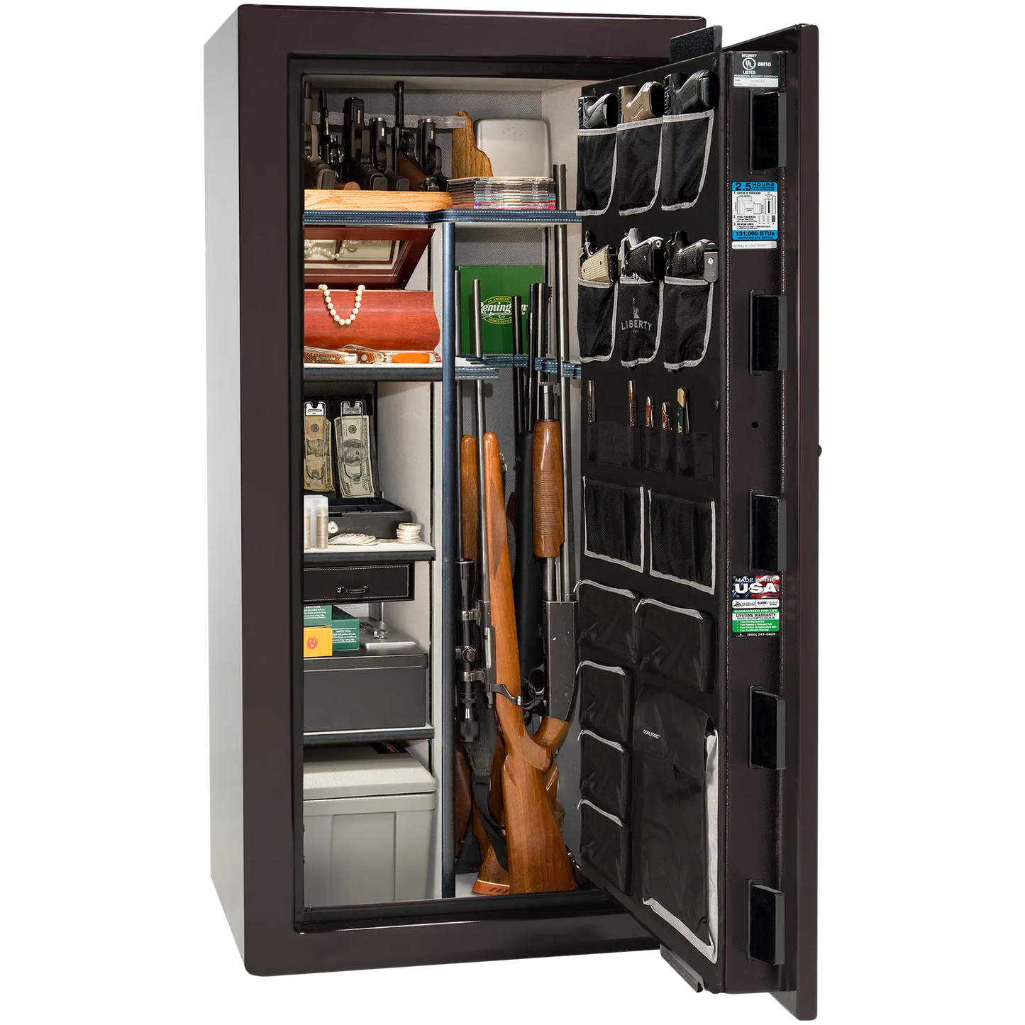 Premium interior of the Liberty Magnum 25 gun safe paired with the Black Cherry gloss finish, featuring adjustable shelving, door organizer, long gun storage, and deluxe interior configuration.