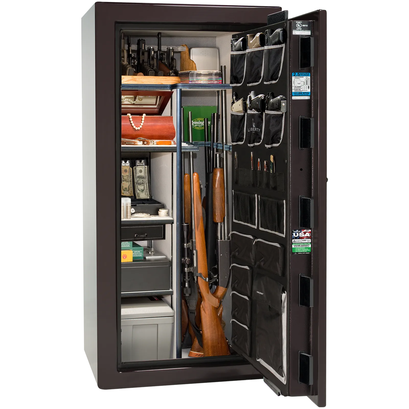 Premium interior of the Liberty Magnum 25 gun safe paired with the Black Cherry gloss finish, featuring adjustable shelving, door organizer, long gun storage, and deluxe interior configuration.