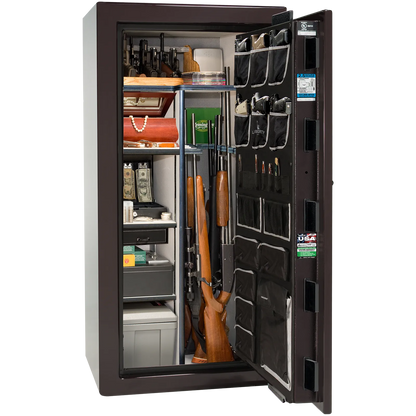 Premium interior of the Liberty Magnum 25 gun safe paired with the Black Cherry gloss finish, featuring adjustable shelving, door organizer, long gun storage, and deluxe interior configuration.