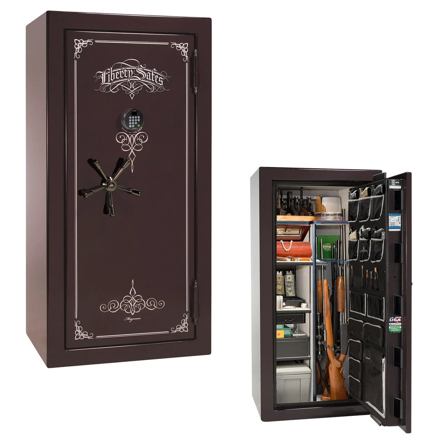 Liberty Magnum 25 gun safe in Black Cherry gloss finish with black chrome hardware and premium interior.