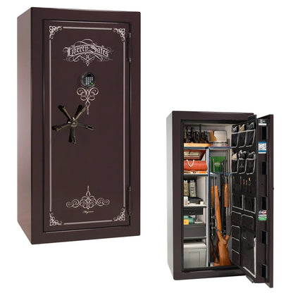 Liberty Magnum 25 gun safe in Black Cherry gloss finish with black chrome hardware and premium interior.