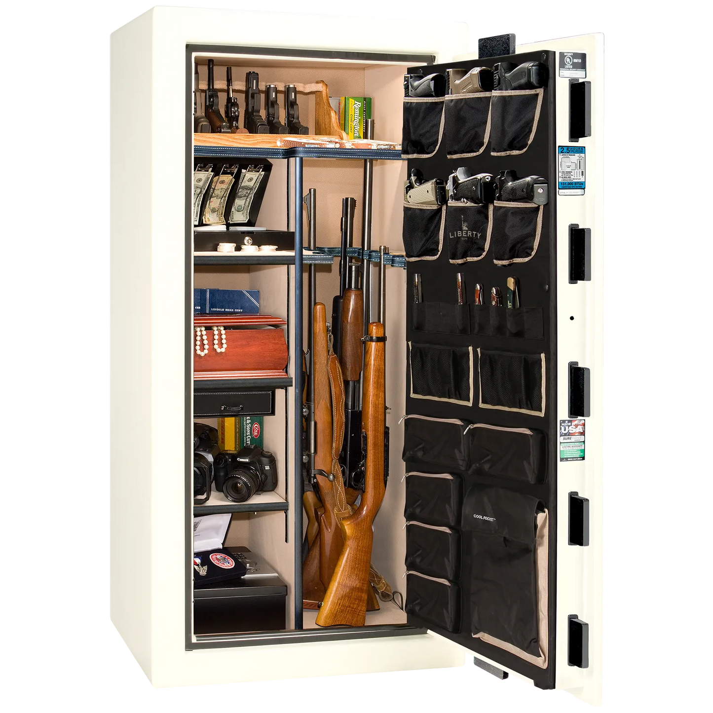 Premium interior of the Liberty Magnum 25 gun safe paired with the White gloss finish, featuring adjustable shelving, door organizer, long gun storage, and deluxe interior configuration.