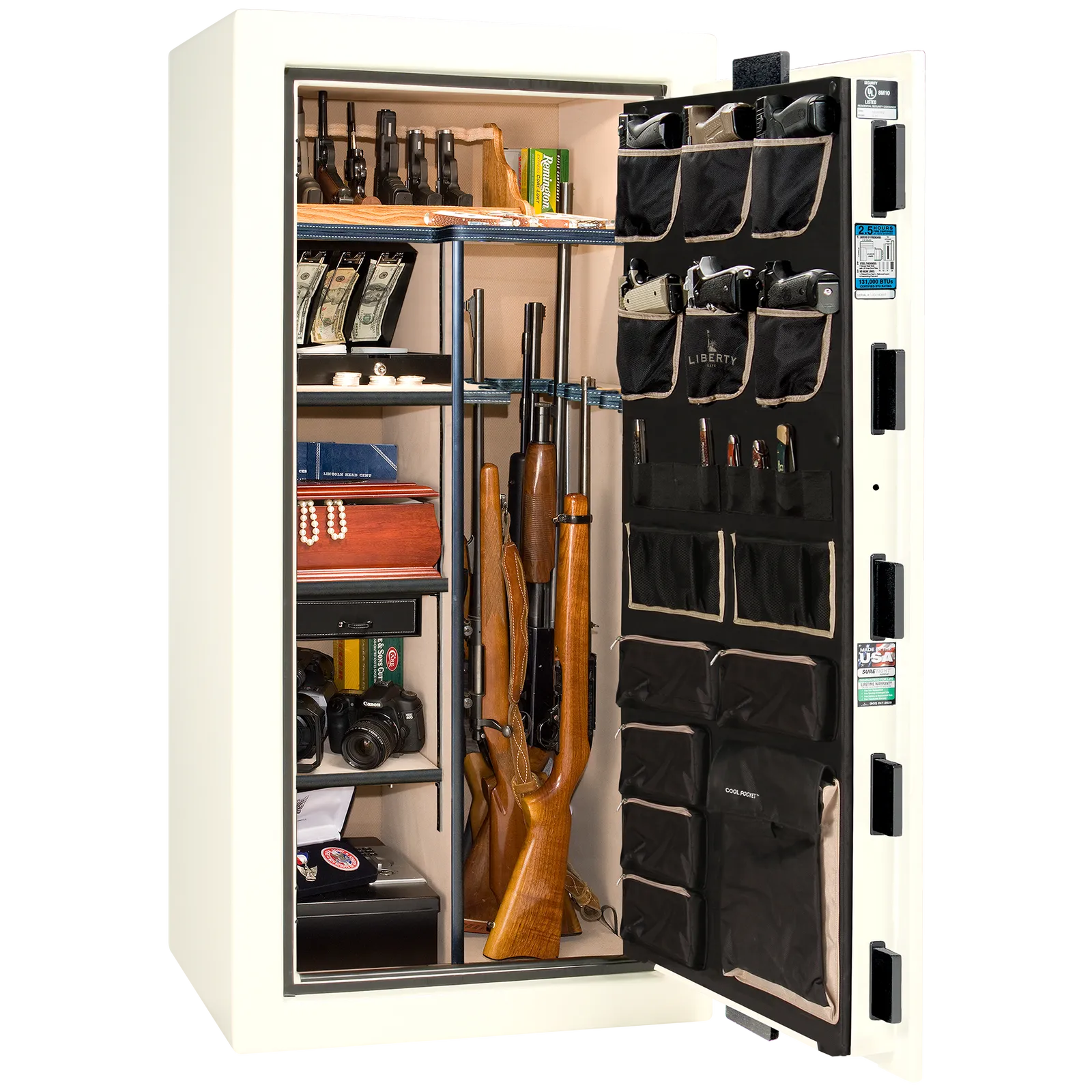 Premium interior of the Liberty Magnum 25 gun safe paired with the White gloss finish, featuring adjustable shelving, door organizer, long gun storage, and deluxe interior configuration.