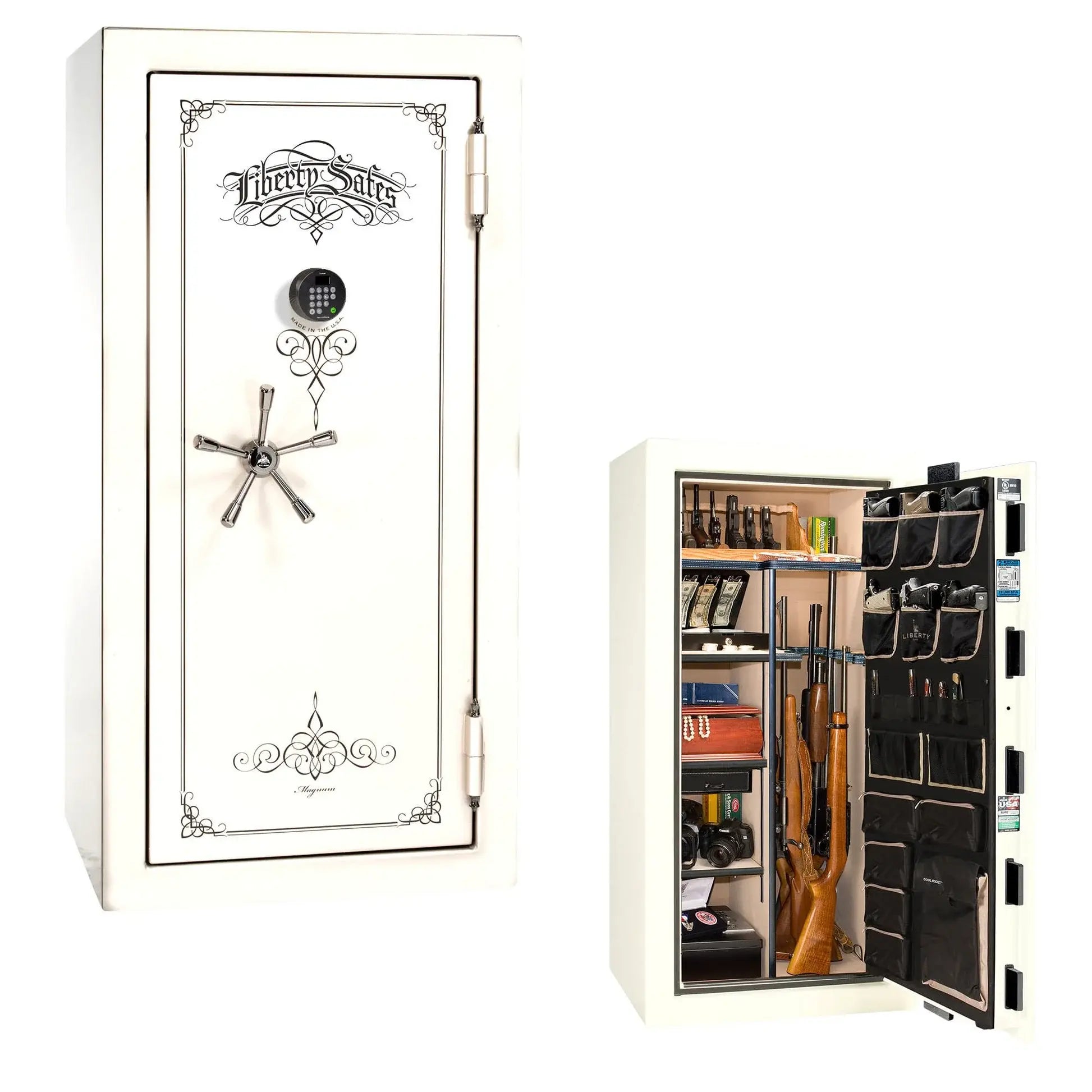 Liberty Magnum 25 gun safe in White gloss finish with black chrome hardware and premium interior.