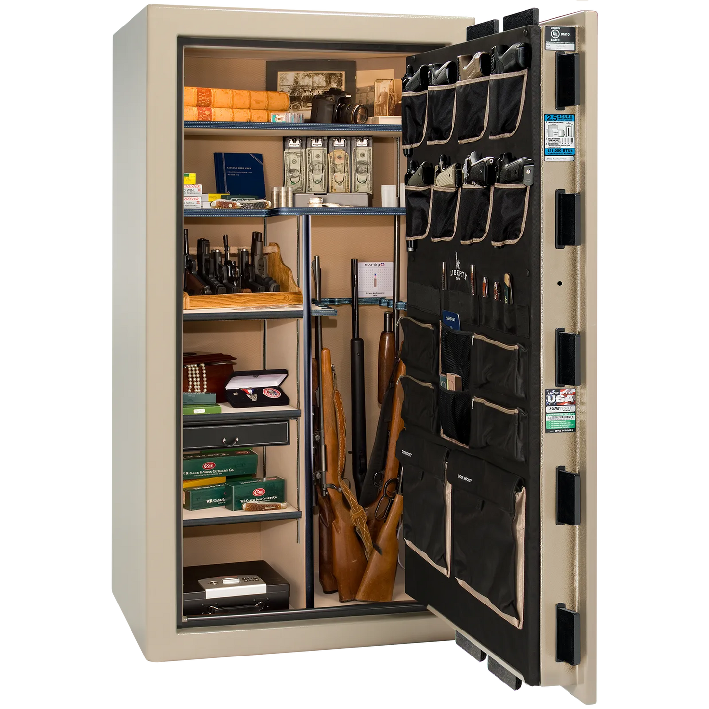 Premium interior of the Liberty Magnum 40 gun safe paired with the Champagne marble finish, featuring adjustable shelving, door organizer, long gun storage, and deluxe interior configuration.