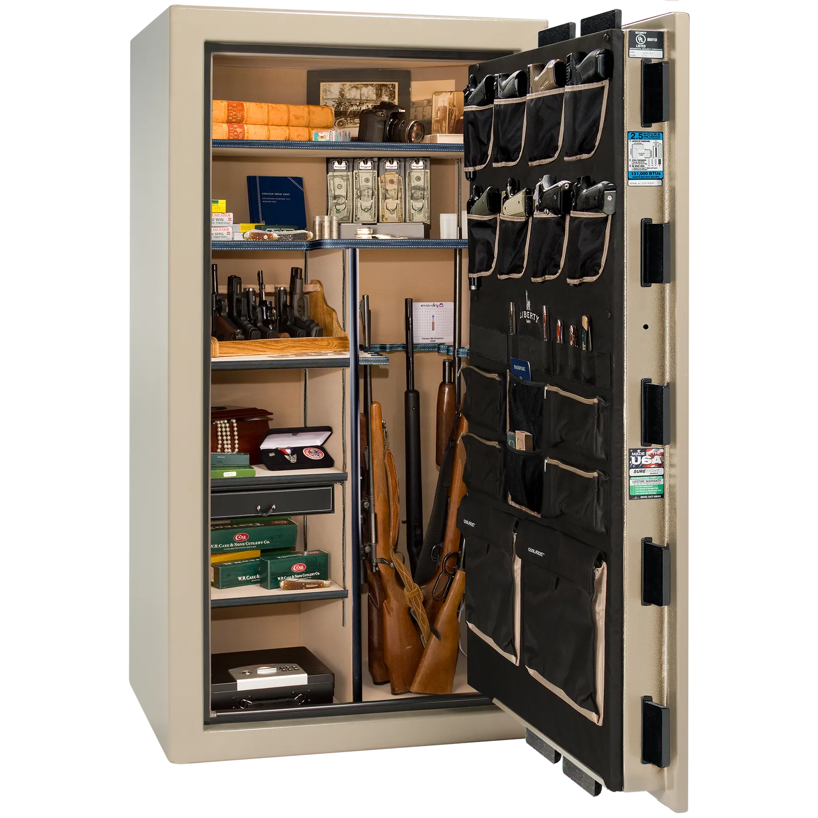 Premium interior of the Liberty Magnum 40 gun safe paired with the Champagne marble finish, featuring adjustable shelving, door organizer, long gun storage, and deluxe interior configuration.