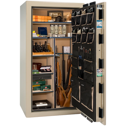 Premium interior of the Liberty Magnum 40 gun safe paired with the Champagne marble finish, featuring adjustable shelving, door organizer, long gun storage, and deluxe interior configuration.