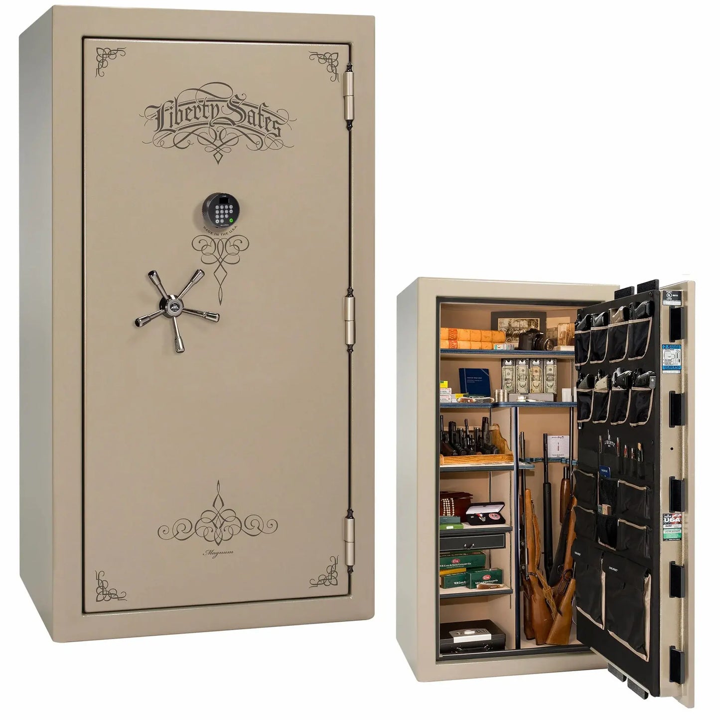 Liberty Magnum 40 gun safe in Champagne marble finish with black chrome hardware and premium interior.