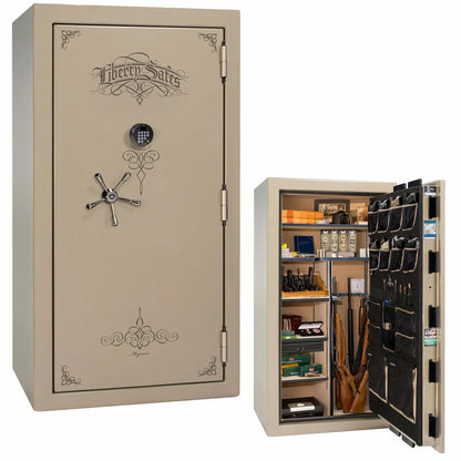 Liberty Magnum 40 gun safe in Champagne marble finish with black chrome hardware and premium interior.