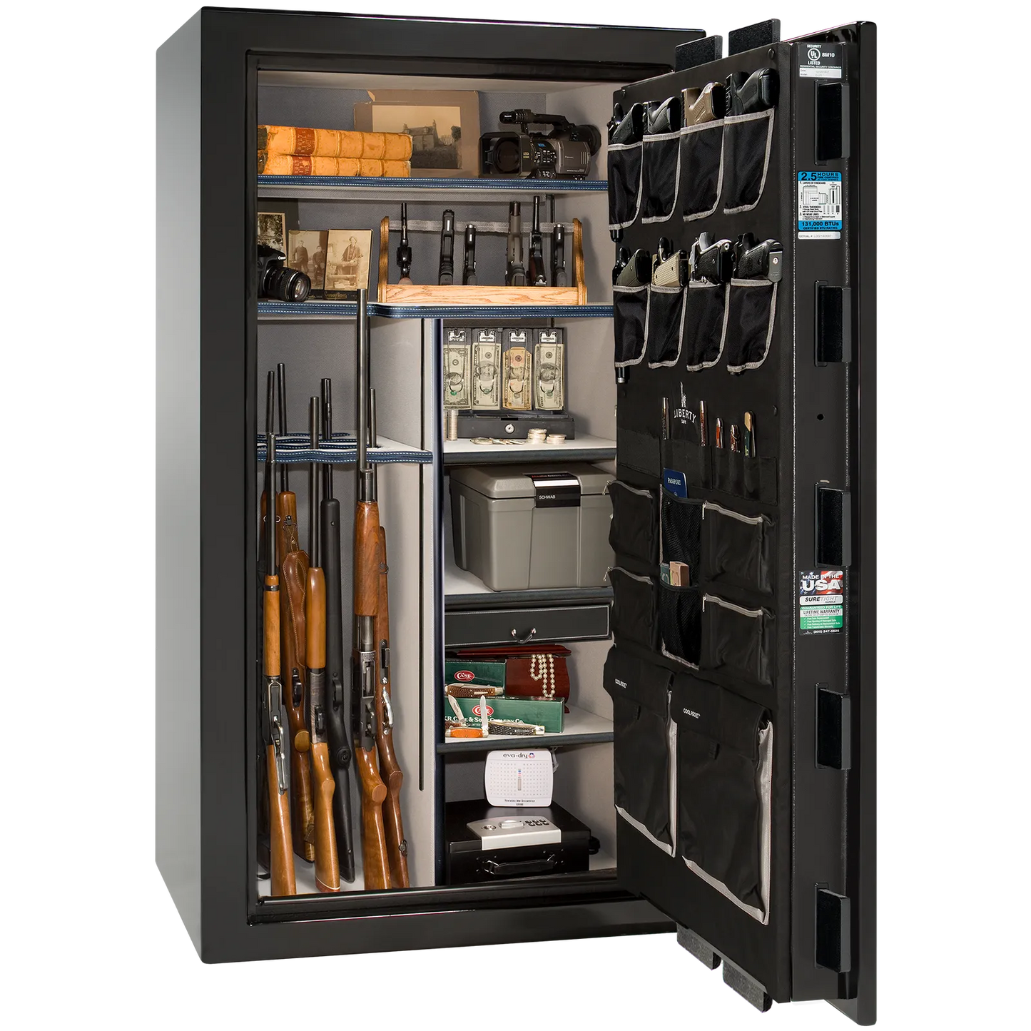 Premium interior of the Liberty Magnum 40 gun safe paired with the Black Mirror gloss finish, featuring adjustable shelving, door organizer, long gun storage, and deluxe interior configuration.