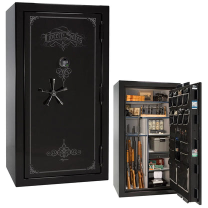Liberty Magnum 40 gun safe in Black Mirror gloss finish with black chrome hardware and premium interior.
