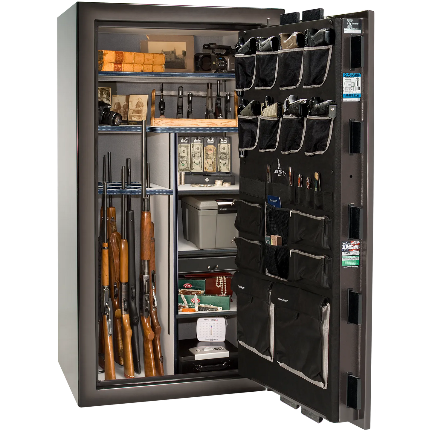 Premium interior of the Liberty Magnum 40 gun safe paired with the Gray Charcoal feathered edge finish, featuring adjustable shelving, door organizer, long gun storage, and deluxe interior configuration.
