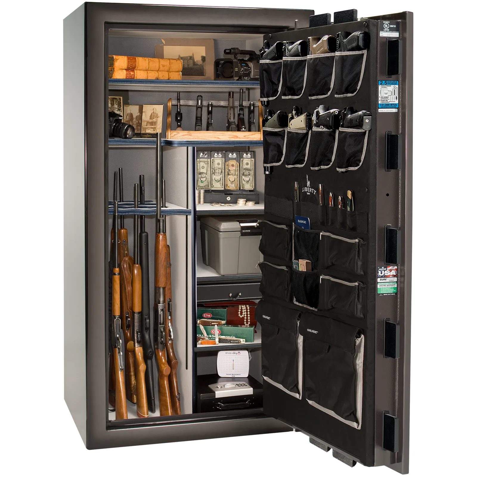 Premium interior of the Liberty Magnum 40 gun safe paired with the Gray Charcoal feathered edge finish, featuring adjustable shelving, door organizer, long gun storage, and deluxe interior configuration.