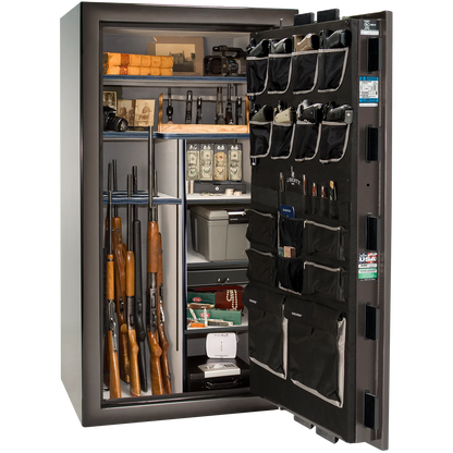 Premium interior of the Liberty Magnum 40 gun safe paired with the Gray Charcoal feathered edge finish, featuring adjustable shelving, door organizer, long gun storage, and deluxe interior configuration.