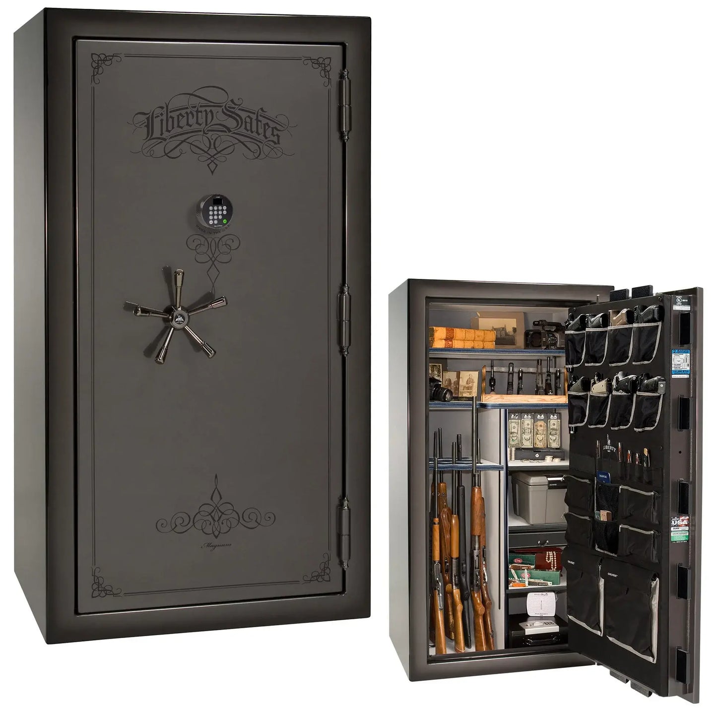 Liberty Magnum 40 gun safe in Gray Charcoal feathered edge finish with black chrome hardware and premium interior.