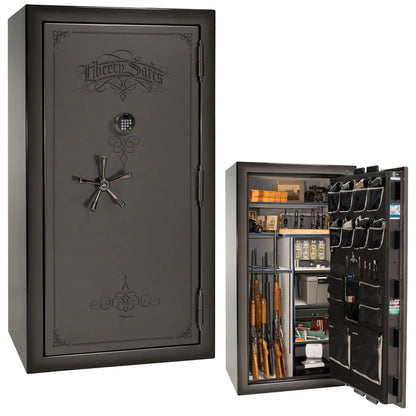 Liberty Magnum 40 gun safe in Gray Charcoal feathered edge finish with black chrome hardware and premium interior.