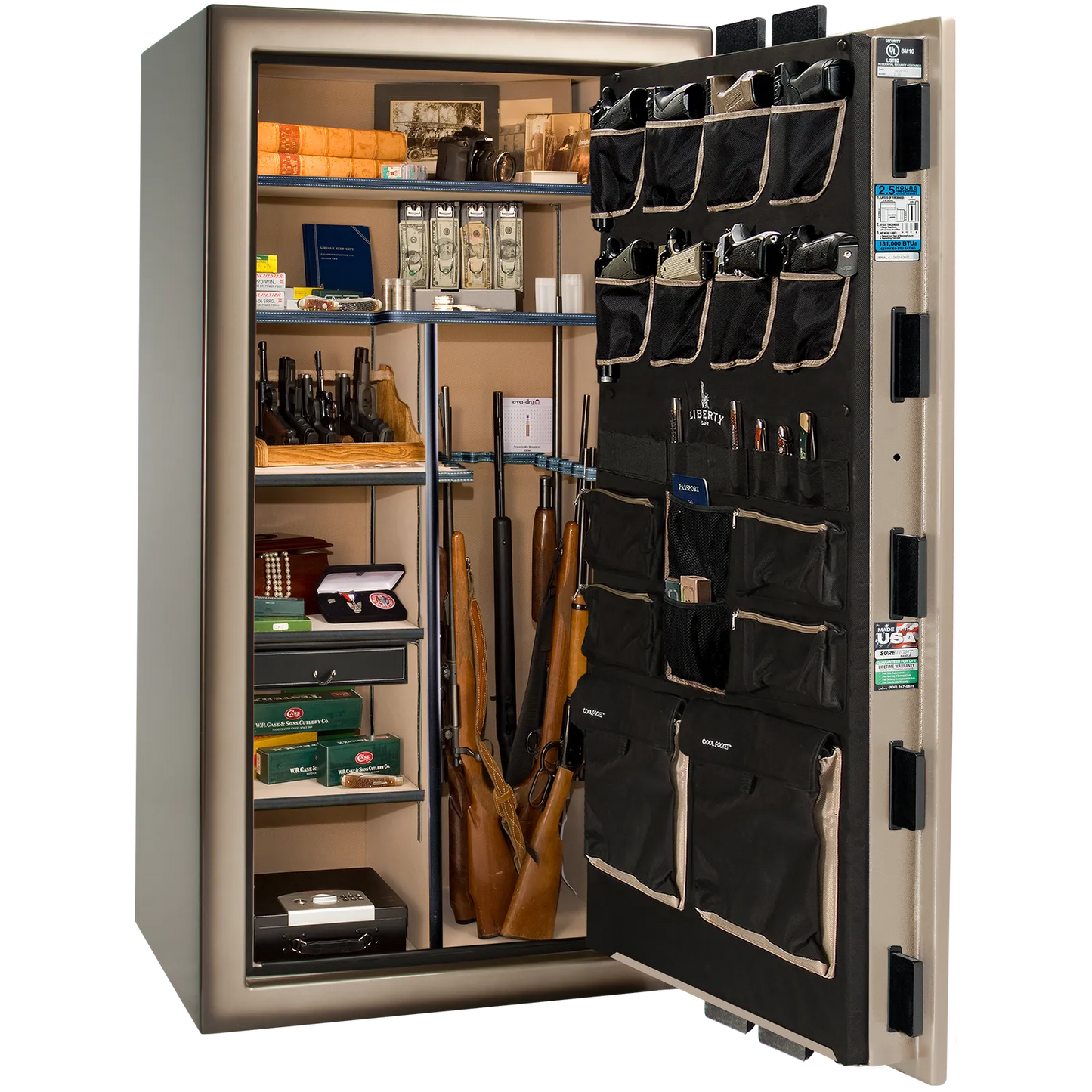 Premium interior of the Liberty Magnum 40 gun safe paired with the Champagne feathered edge finish, featuring adjustable shelving, door organizer, long gun storage, and deluxe interior configuration.