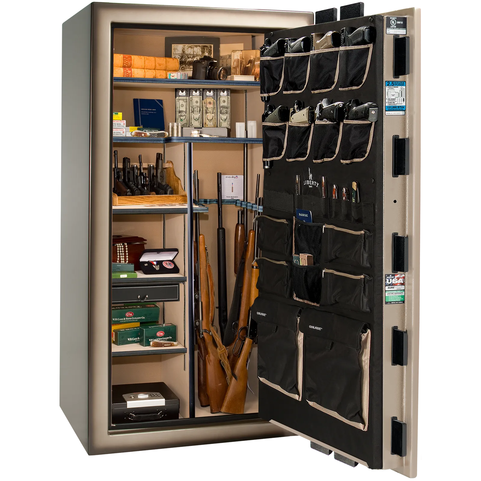 Premium interior of the Liberty Magnum 40 gun safe paired with the Champagne feathered edge finish, featuring adjustable shelving, door organizer, long gun storage, and deluxe interior configuration.