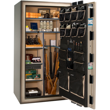 Premium interior of the Liberty Magnum 40 gun safe paired with the Champagne feathered edge finish, featuring adjustable shelving, door organizer, long gun storage, and deluxe interior configuration.