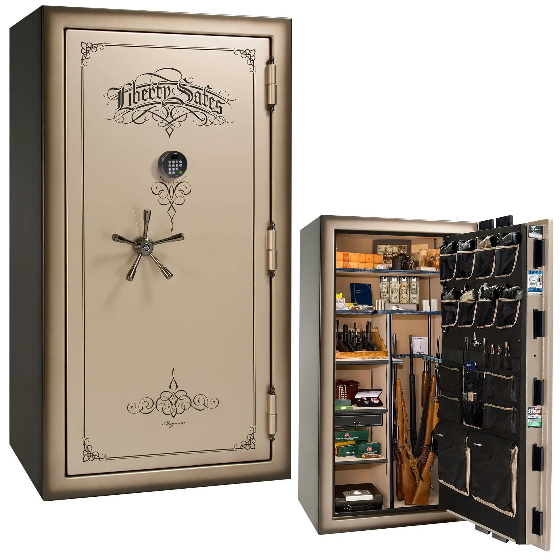 Liberty Magnum 40 gun safe in Champagne feathered edge finish with black chrome hardware and premium interior.