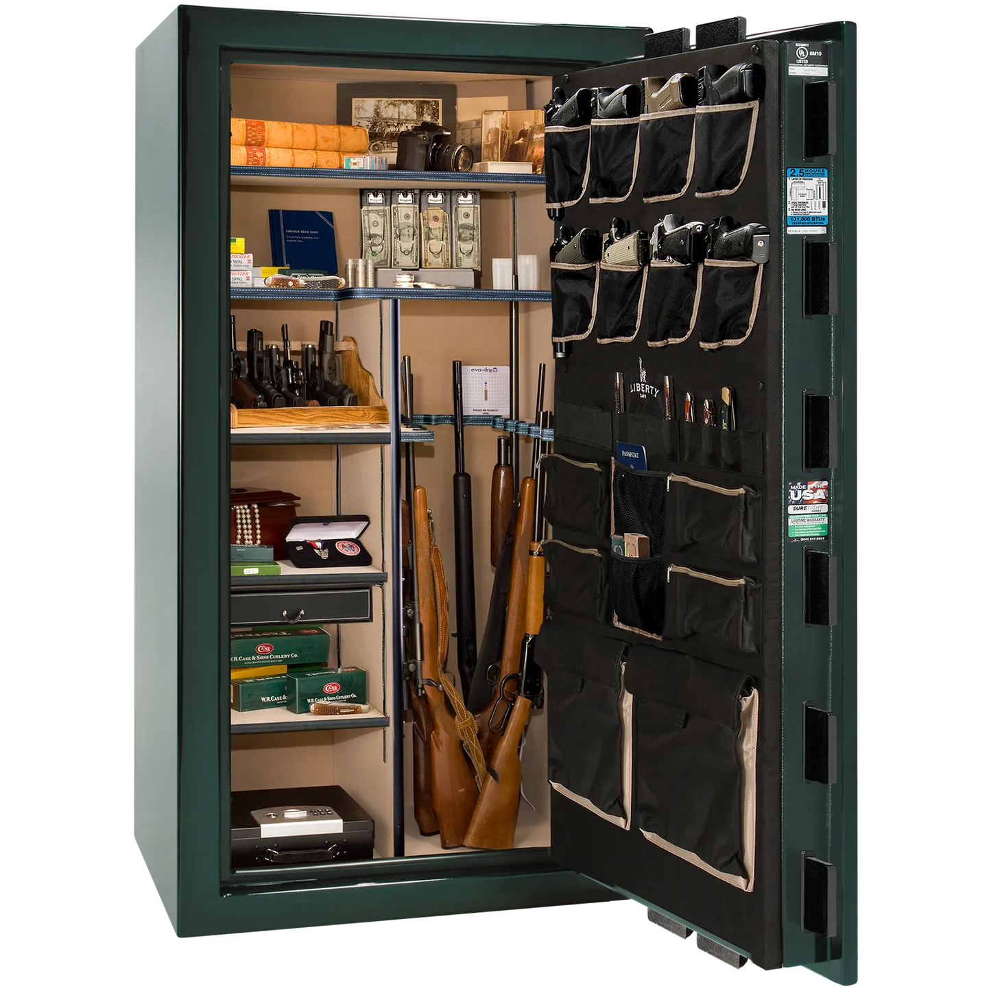 Premium interior of the Liberty Magnum 40 gun safe paired with the Emerald Green feathered edge finish, featuring adjustable shelving, door organizer, long gun storage, and deluxe interior configuration.