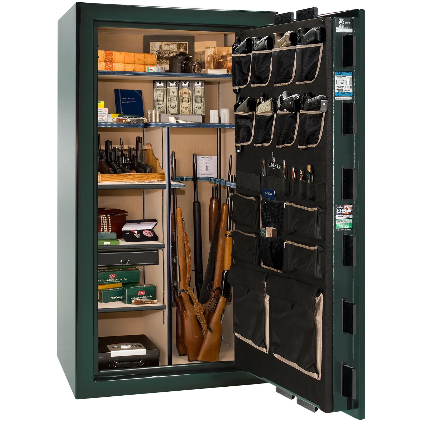Premium interior of the Liberty Magnum 40 gun safe paired with the Emerald Green feathered edge finish, featuring adjustable shelving, door organizer, long gun storage, and deluxe interior configuration.