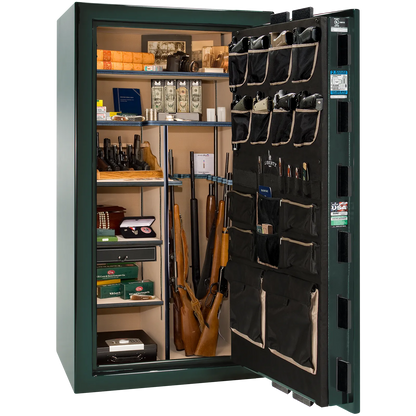 Premium interior of the Liberty Magnum 40 gun safe paired with the Emerald Green feathered edge finish, featuring adjustable shelving, door organizer, long gun storage, and deluxe interior configuration.