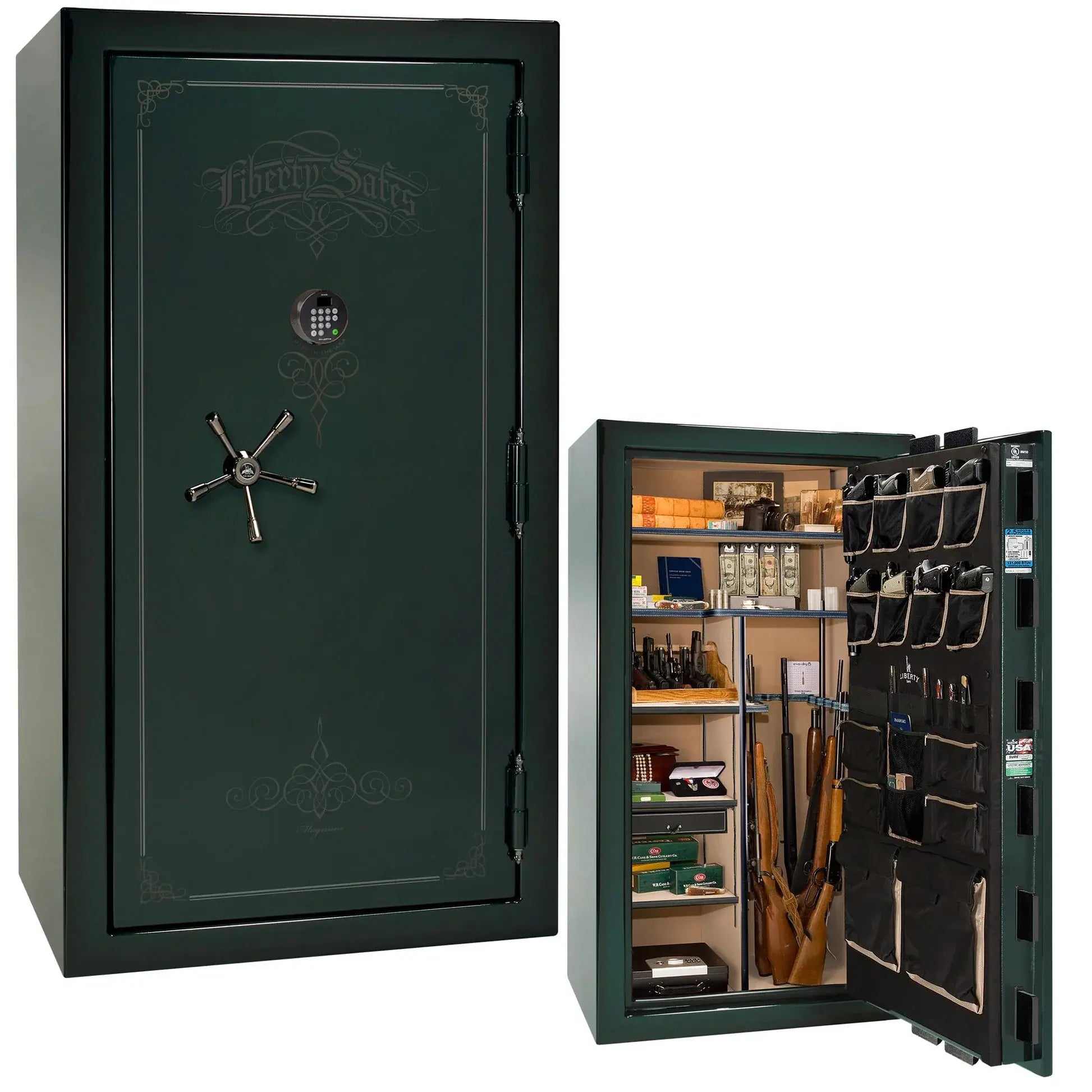 Liberty Magnum 40 gun safe in Emerald Green feathered edge finish with black chrome hardware and premium interior.