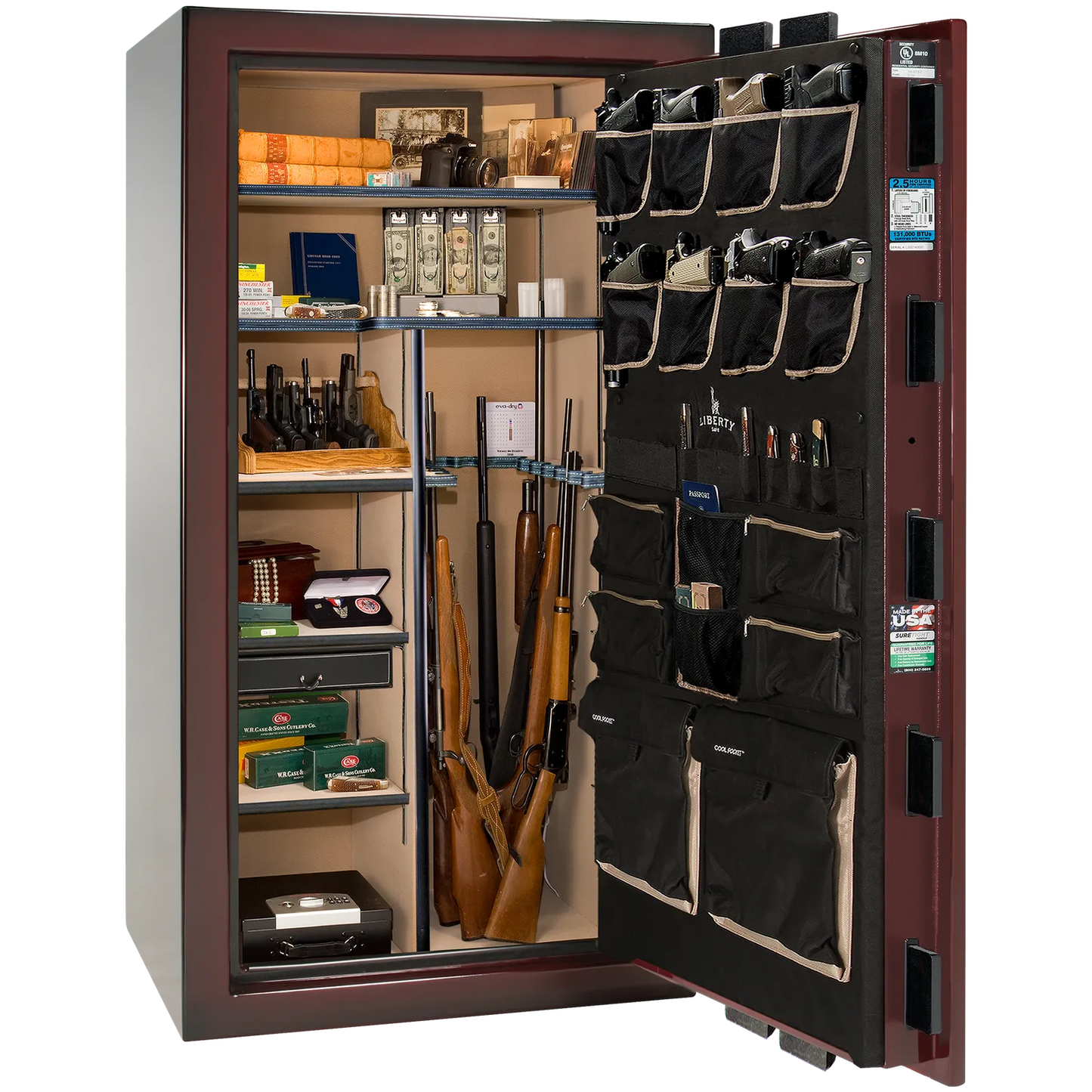 Premium interior of the Liberty Magnum 40 gun safe paired with the Burgundy Metallic feathered edge finish, featuring adjustable shelving, door organizer, long gun storage, and deluxe interior configuration.