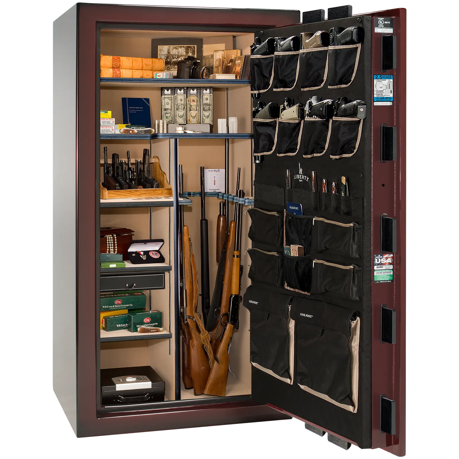 Premium interior of the Liberty Magnum 40 gun safe paired with the Burgundy Metallic feathered edge finish, featuring adjustable shelving, door organizer, long gun storage, and deluxe interior configuration.