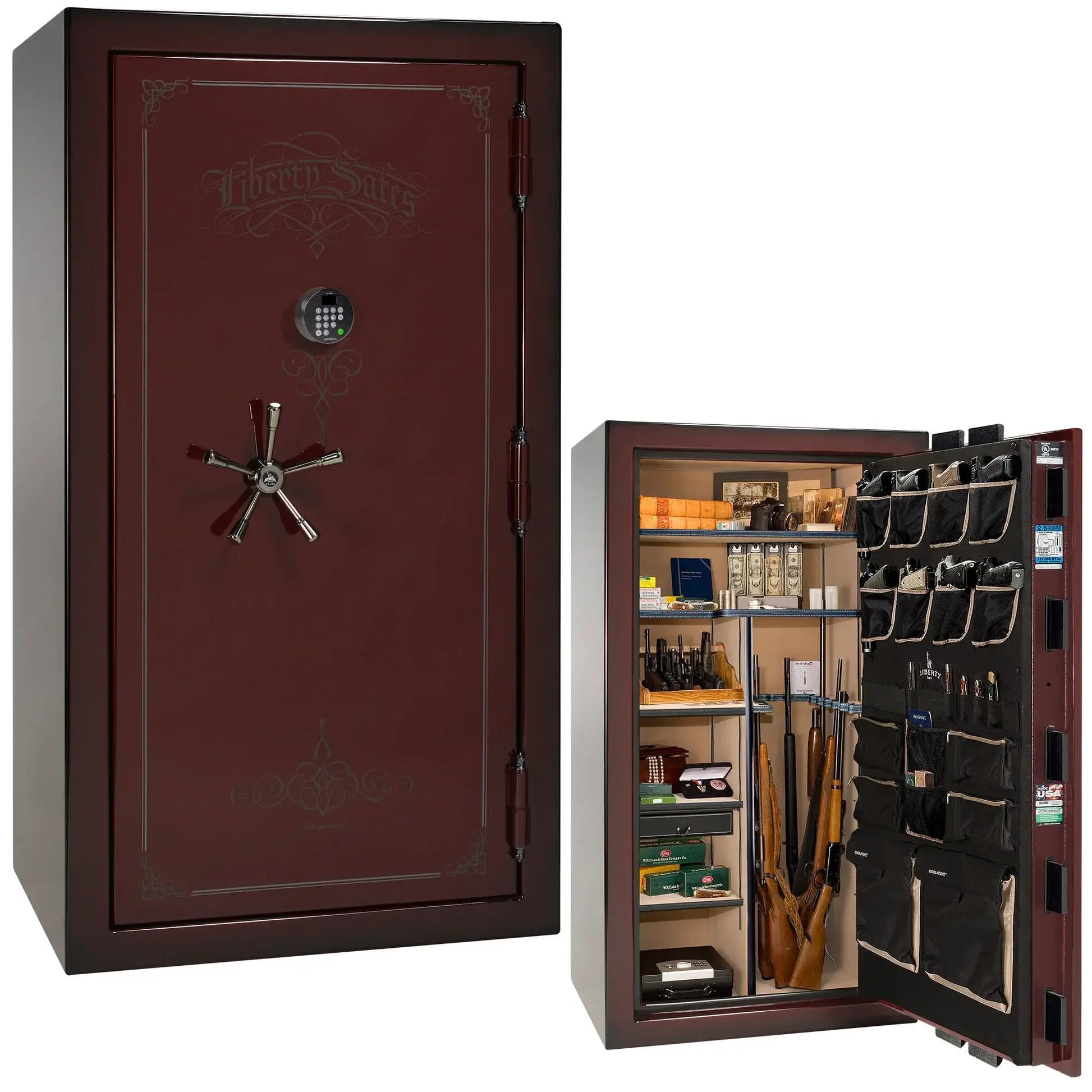 Liberty Magnum 40 gun safe in Burgundy Metallic feathered edge finish with black chrome hardware and premium interior.