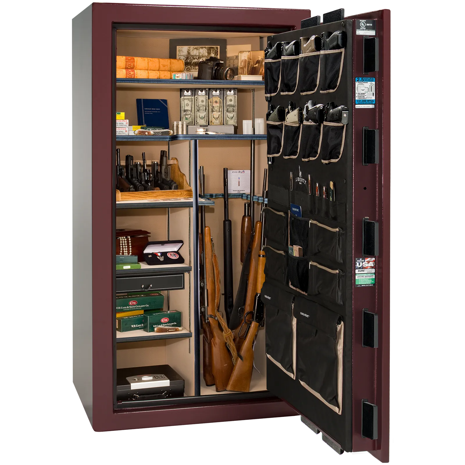 Premium interior of the Liberty Magnum 40 gun safe paired with the Burgundy marble finish, featuring adjustable shelving, door organizer, long gun storage, and deluxe interior configuration.