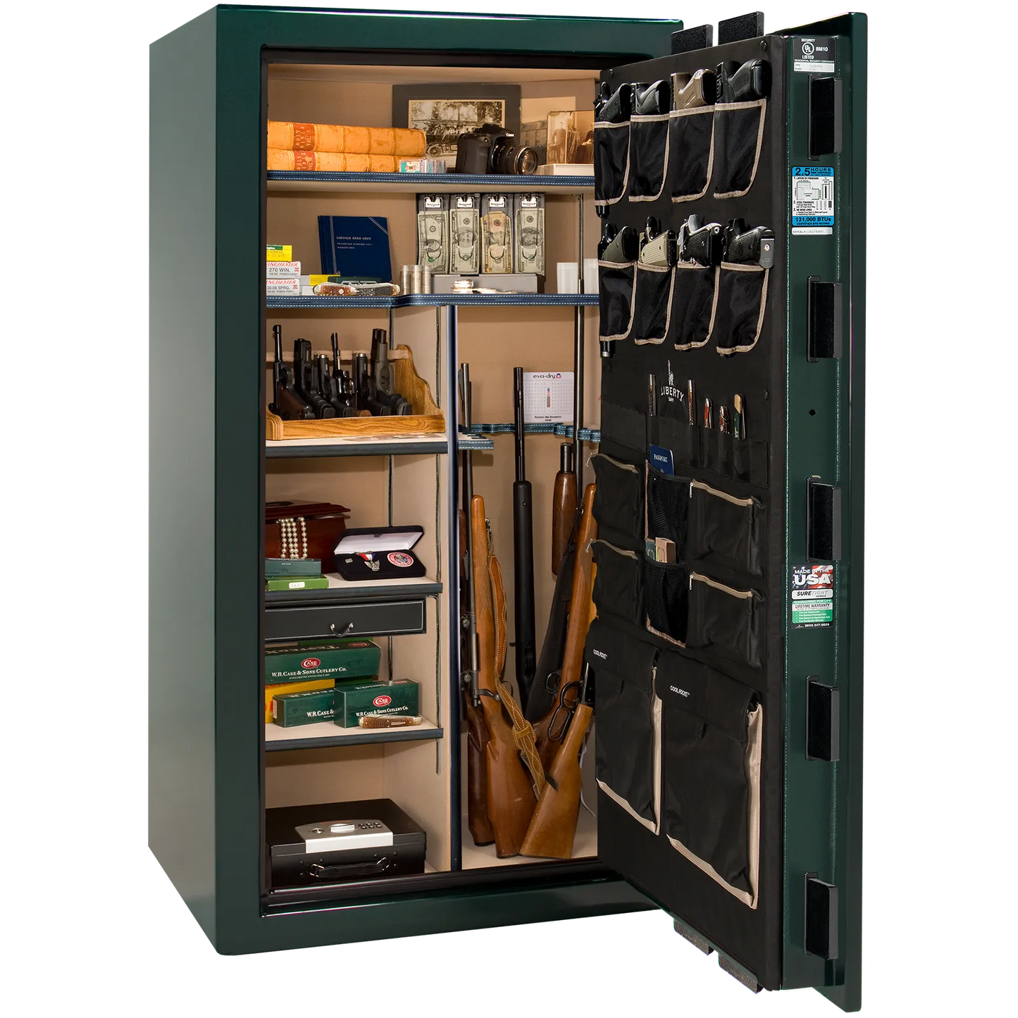Premium interior of the Liberty Magnum 40 gun safe paired with the Emerald Green gloss finish, featuring adjustable shelving, door organizer, long gun storage, and deluxe interior configuration.