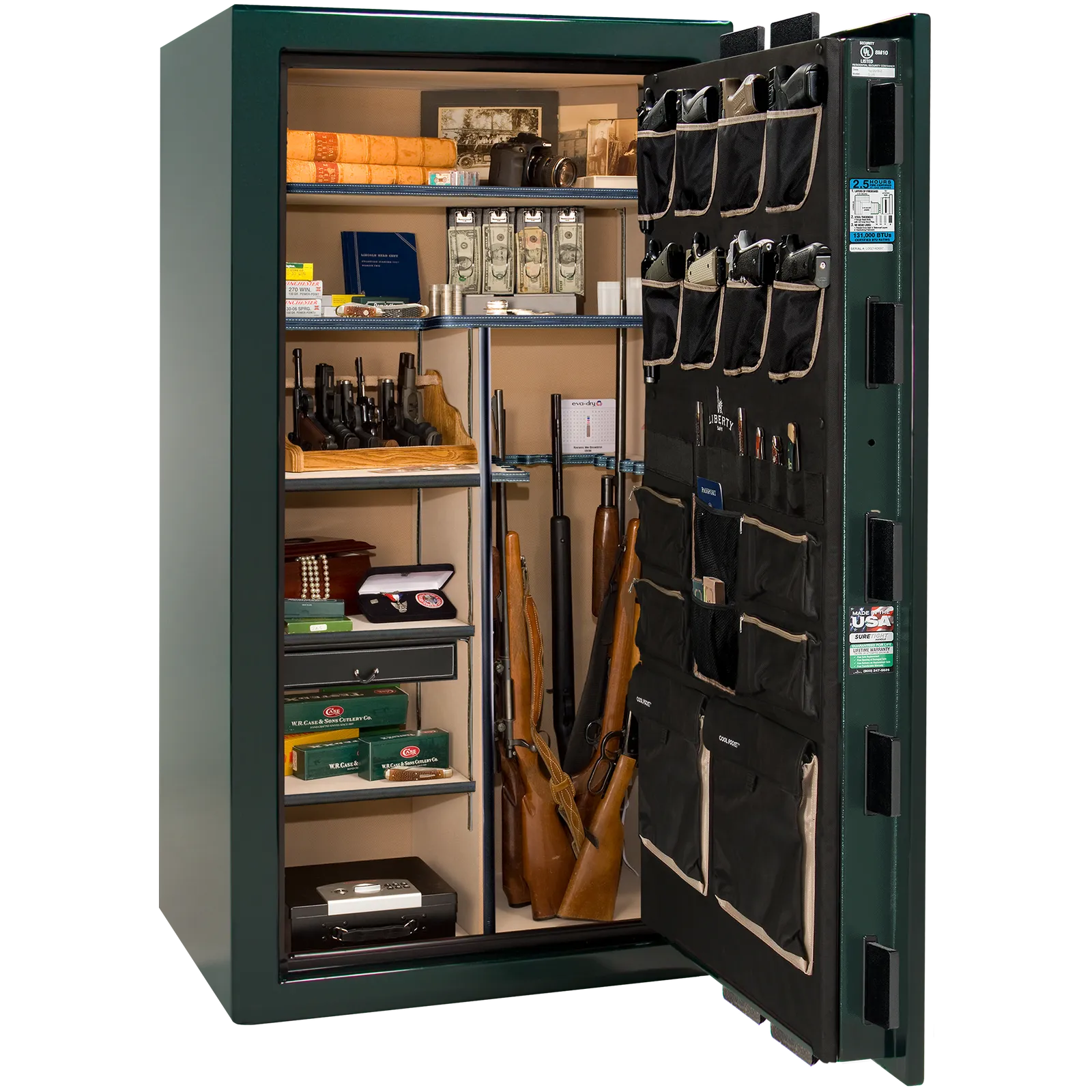 Premium interior of the Liberty Magnum 40 gun safe paired with the Emerald Green gloss finish, featuring adjustable shelving, door organizer, long gun storage, and deluxe interior configuration.