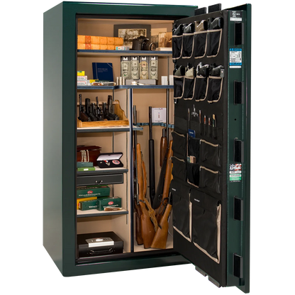 Premium interior of the Liberty Magnum 40 gun safe paired with the Emerald Green gloss finish, featuring adjustable shelving, door organizer, long gun storage, and deluxe interior configuration.