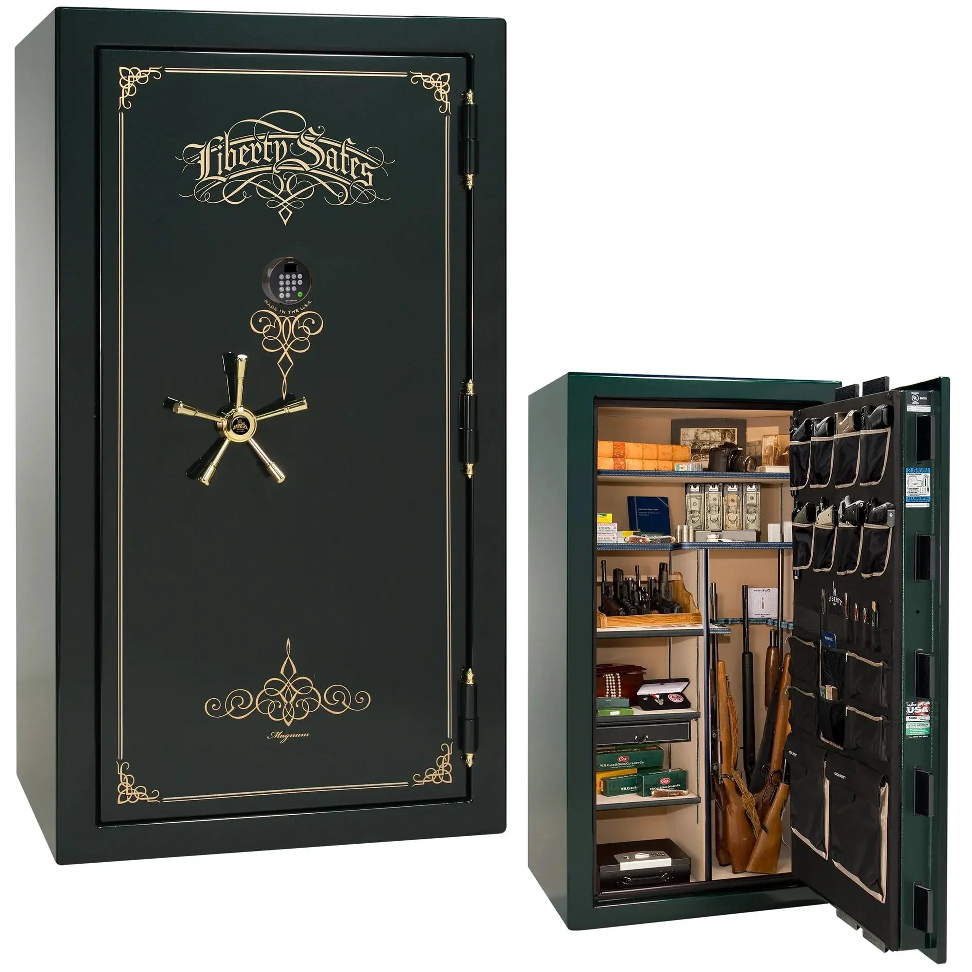 Liberty Magnum 40 gun safe in Emerald Green gloss finish with brass hardware and premium interior.